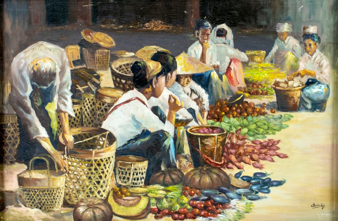 Vintage mid 20C Vietnamese oil painting signed: ARTIST: - (Vietnam, mid 20 century) TITLE: Market Scene, Vietnam MEDIUM: oil on canvas CONDITION: Some scratches/paint losses mostly along the upper edge. Some craquelure.