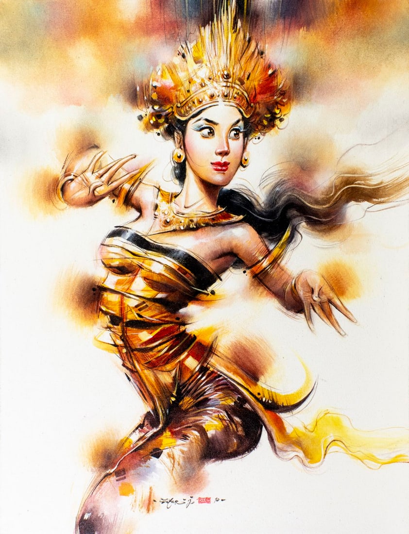 I Made Sutarjaya (Indonesia,b 1978) oil painting: ARTIST: I Made Sutarjaya (Indonesian, born 1978) TITLE: Balinese Dancer, Indonesia YEAR: 2010 MEDIUM: oil on canvas CONDITION: Very good. No visible inpa