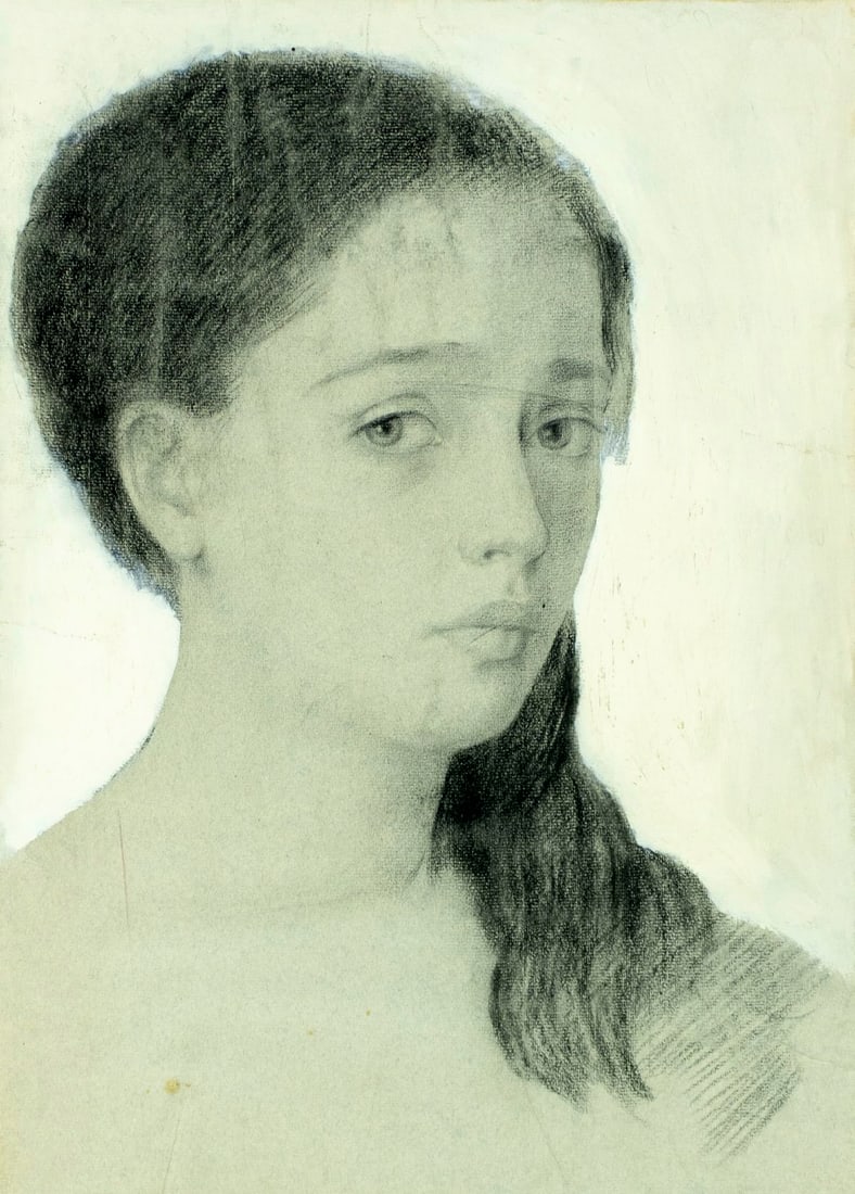 Vintage 20C Tbilisi Georgian graphite painting: ARTIST: - (Tbilisi, Georgia, 20 century) TITLE: Portrait of Young Woman MEDIUM: graphite on paper. Paper applied to board. CONDITION: Minor age toning. Minor staining. Norma