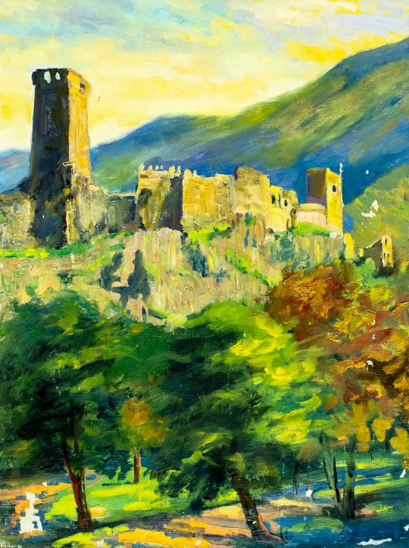 Vintage 20C Tbilisi Georgian oil painting: ARTIST: - (Georgia, 20 century) TITLE: Mountain Village Landscape MEDIUM: oil on canvas CONDITION: Unstretched (In-House stretching available). Some scratches/paint losses.