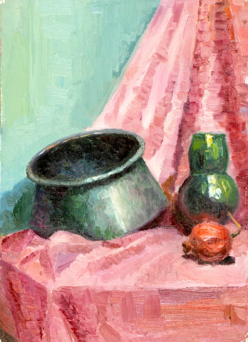 Vintage 20C Tbilisi Georgian oil painting: ARTIST: - (Georgia, 20 century) TITLE: Still Life with Pot and Vase MEDIUM: oil on canvas. Canvas applied to board. CONDITION: Minor damages to corners. Few pinholes by the