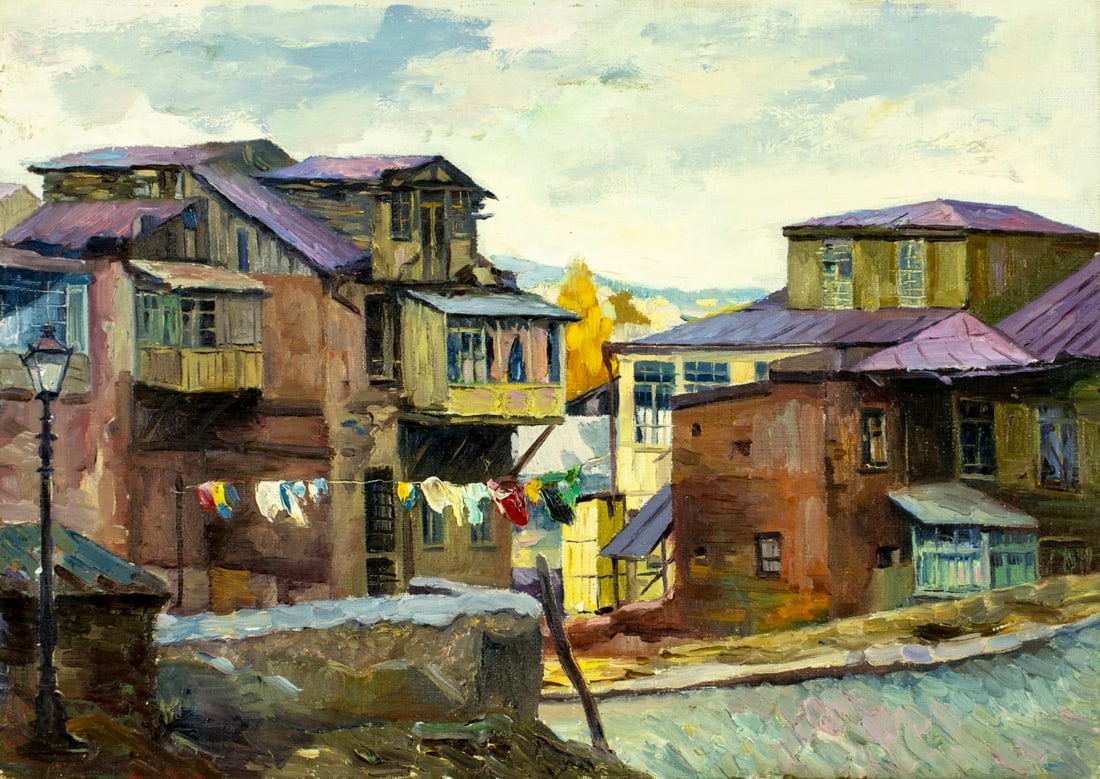 Vintage 20C Tbilisi Georgian oil painting: ARTIST: - (Georgia, 20 century) TITLE: Old Tbilisi Cityscape MEDIUM: oil on canvas board CONDITION: Minor damages to corners. Minor scratches/paint losses. No visible inpain