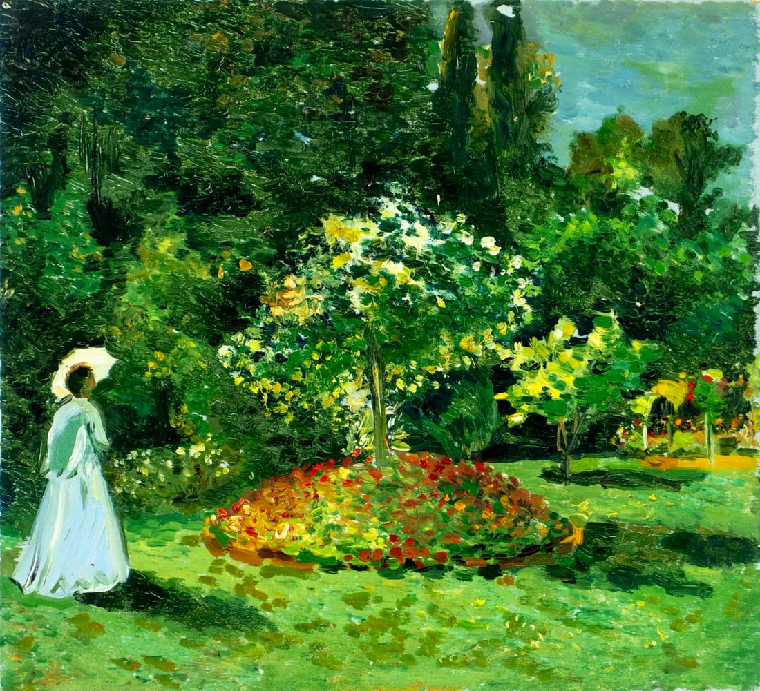 Vintage 20C Tbilisi Georgian oil painting: ARTIST: - (Georgia, 20 century) TITLE: Garden Landscape with Woman MEDIUM: oil on board CONDITION: Some damage to the upper right corner. One pinhole by the upper left corne