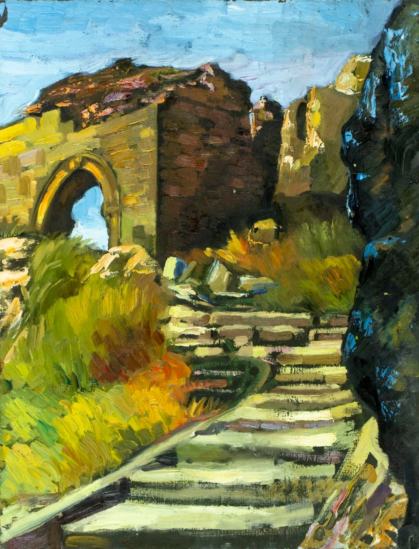 Vintage 20C Tbilisi Georgian oil painting: ARTIST: - (Tbilisi, Georgia, 20 century) TITLE: Landscape with Ruins MEDIUM: oil on canvas CONDITION: Some scratches/paint losses mostly by the upper left corner. Minor craq