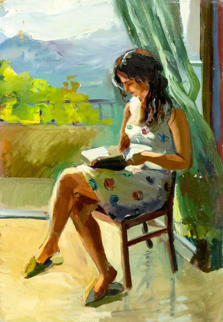 Vintage 20C Tbilisi Georgian oil painting: ARTIST: - (Georgia, 20 century) TITLE: Portrait of Woman with Book MEDIUM: oil on board CONDITION: Minor damages to corners. Some scratches/paint losses mostly by edges. No