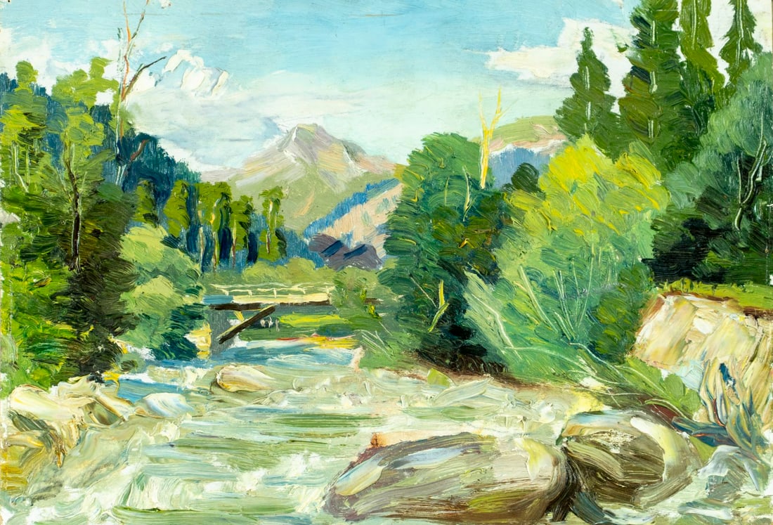 Vintage 20C Russian oil painting: ARTIST: - (Russia, 20 century) TITLE: River Landscape with Bridge MEDIUM: oil on board CONDITION: Few pinholes by the upper edge. Few small scratches/paint losses. No visibl