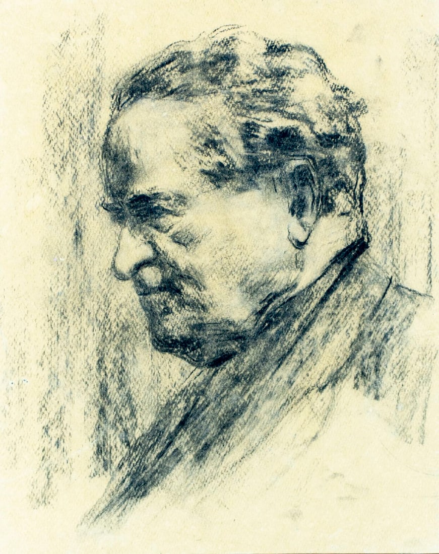 Vintage mid 20C Tbilisi Georgian graphite painting: ARTIST: - (Georgian, mid 20 century) TITLE: Portrait of Artist Mose Toidze YEAR: 1952 MEDIUM: graphite on paper CONDITION: Some age toning. Minor stainin