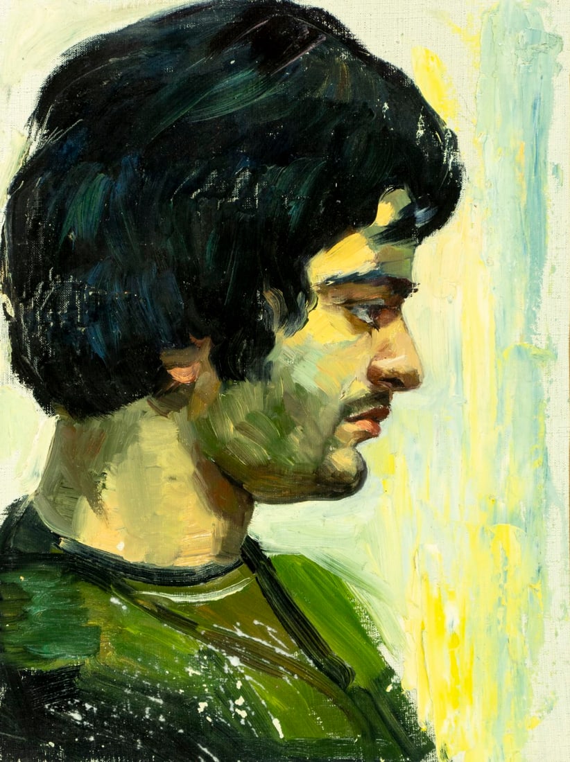 Vintage 20C Tbilisi Georgian oil painting: ARTIST: - (Georgia, 20 century) TITLE: Portrait of Man MEDIUM: oil on canvas. Canvas applied to board. CONDITION: Some scratches/paint losses mostly in the lower left quadra