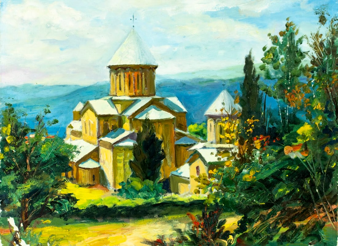 Vintage 20C Tbilisi Gergian oil painting: ARTIST: - (Georgia, 20 century) TITLE: Georgian Church Landscape MEDIUM: oil on canvas CONDITION: Some paint losses mostly by the edges. Minor craquelure. No visible inpaint