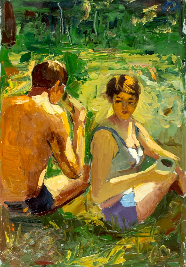 Vintage 20C Tbilisi Georgia oil painting signed: ARTIST: - (Georgian, 20 century) TITLE: Couple in Summer Meadow MEDIUM: oil on board CONDITION: Few small paint losses. No visible inpaint under UV light. Normal wear to edg