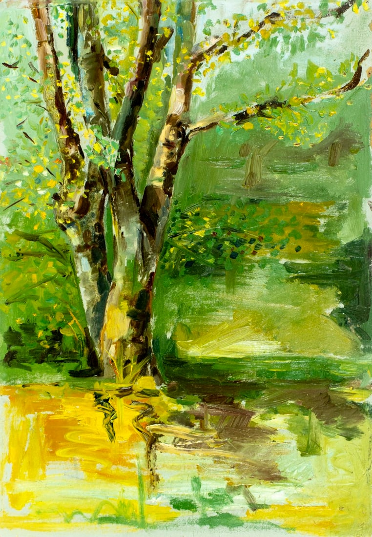 Vintage 20C Tbilisi Georgian oil painting: ARTIST: - (Georgia, 20 century) TITLE: Spring Birch Tree Landscape MEDIUM: oil on heavy paper CONDITION: Minor damages to corners. No visible inpaint under UV light. Normal