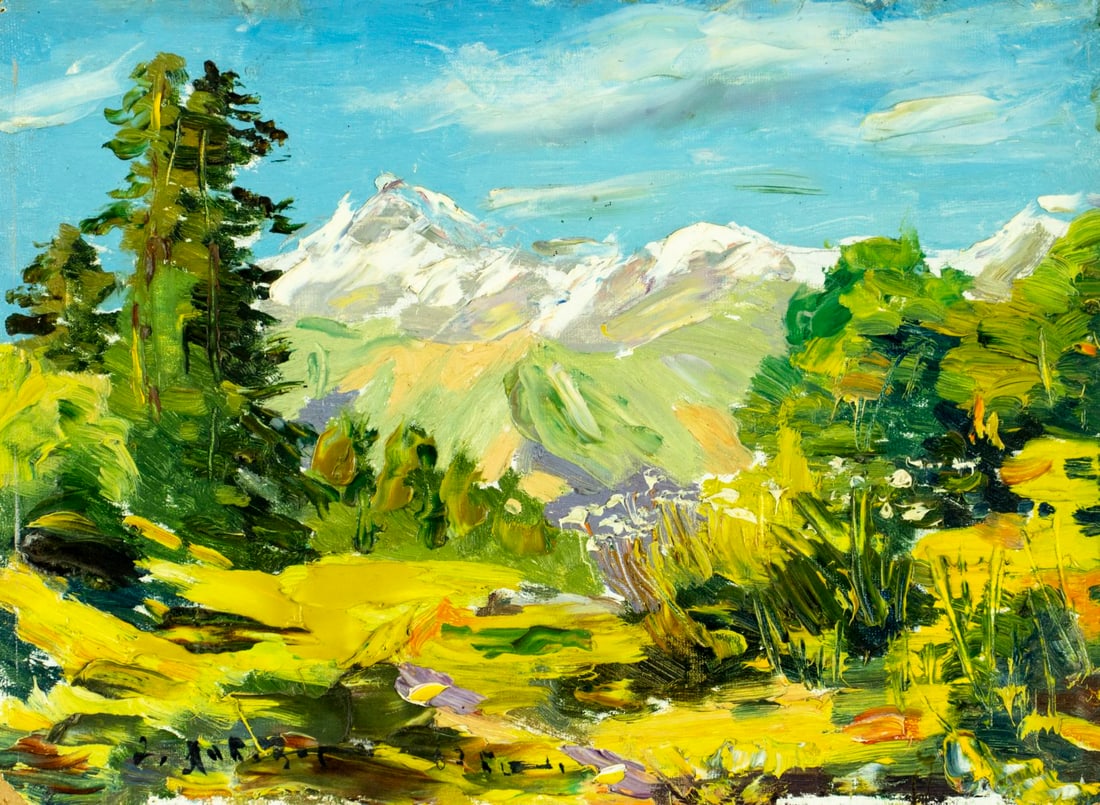 Vintage 20C Tbilisi Georgian oil painting: ARTIST: - (Georgia, 20 century) TITLE: Mountain Landscape YEAR: 1970 MEDIUM: oil on board CONDITION: Minor damages to corners. Some scratches/paint losse