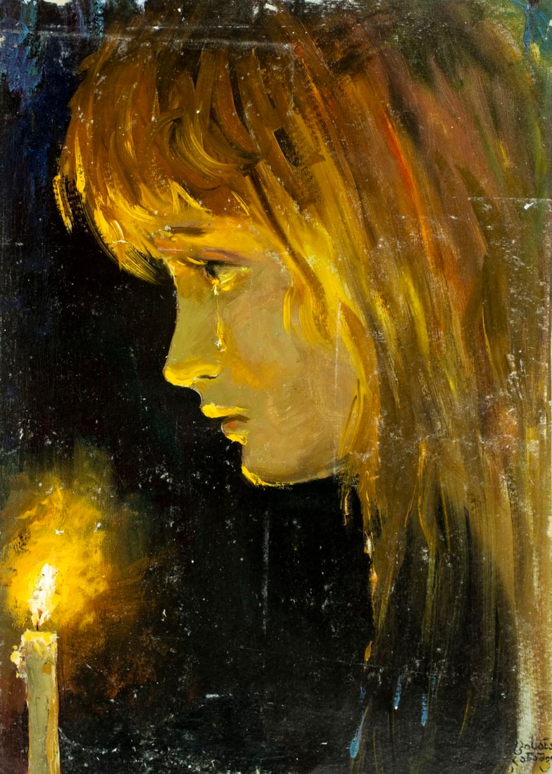 Vintage 20C Tbilisi Georgian oil painting: ARTIST: - (Georgia, 20 century) TITLE: Portrait of Woman with Candle MEDIUM: oil on canvas. Canvas applied to board. CONDITION: Some scratches/paint losses. No visible inpai