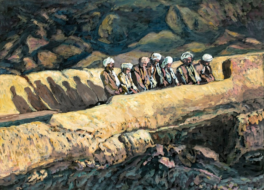 Evelyn Metzger (NY,Brazil,1911-2007) oil painting: ARTIST: Evelyn Borchard Metzger (New York, Brazilian, 1911-2007) TITLE: Oriental Men MEDIUM: oil on board CONDITION: Minor damage to the upper right corner. Some small scrat
