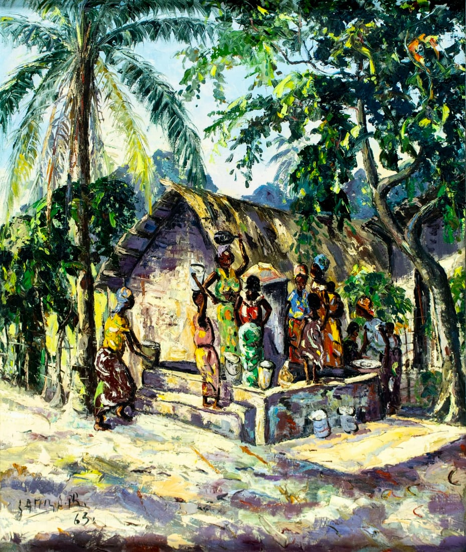 Vintage mid 20C oil painting signed: ARTIST: - (mid 20 century) TITLE: African Village Landscape YEAR: 1963 MEDIUM: oil on canvas CONDITION: Some small paint losses. Very minor craquelure.