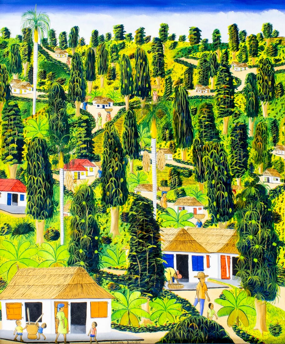 J Felder Dubique (Haiti,20C) oil painting: ARTIST: J Felder Dubique (Haitian, 20 century) TITLE: Haitian Village Landscape MEDIUM: oil on canvas CONDITION: Few minor paint losses. Minor craquelure. No visible inpaint