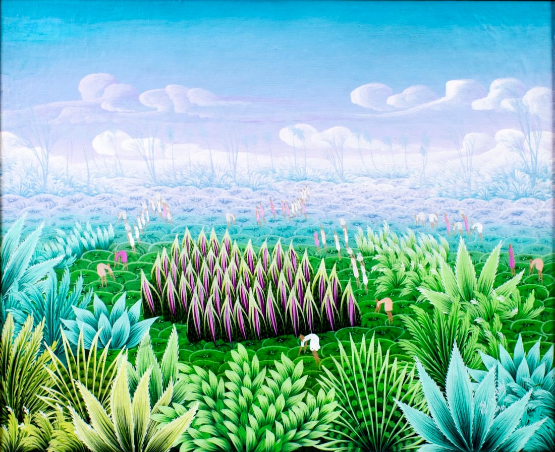 Jean Edner Cadet (Haiti,b 1965) oil painting: ARTIST: Jean Edner Cadet (Haitian, born 1965) TITLE: Haitian Farm Landscape MEDIUM: oil on canvas. Canvas applied to board. CONDITION: Few minor scratches/paint losses mostl