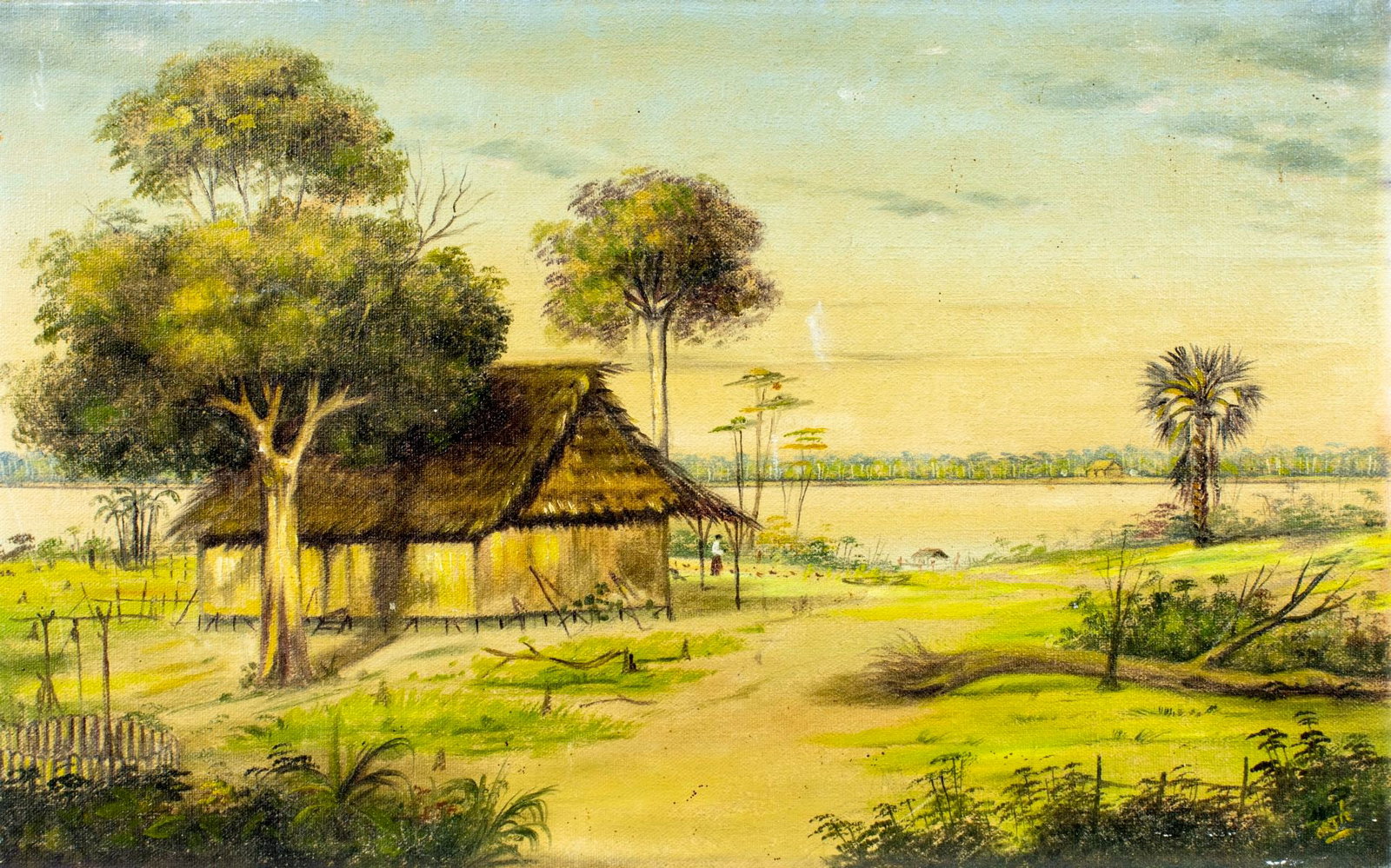 Manuel Bernuy Ortiz (Peru,mid 20C) oil painting: ARTIST: Manuel Bernuy Ortiz (Peruvian, mid 20 century) TITLE: River Landscape with House YEAR: 1956 MEDIUM: oil on canvas CONDITION: Few small scratches/