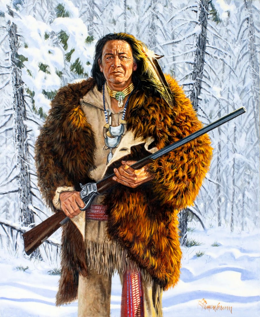 Robert Tanenbaum (CA,MO,1936-?) oil painting: ARTIST: Robert Tanenbaum (California, Missouri, 1936 - ???) TITLE: Indian Man at Hunt MEDIUM: oil on canvas CONDITION: Very good. No visible inpaint under UV light.