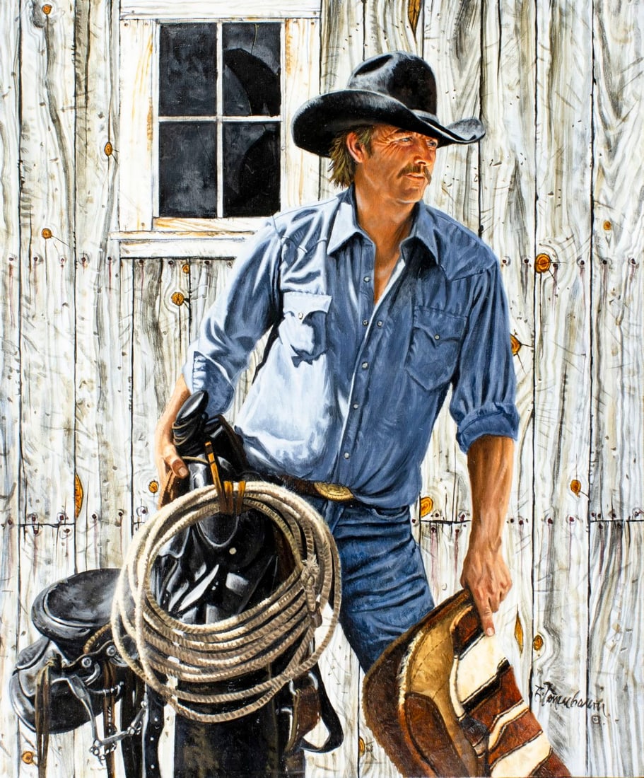 Robert Tanenbaum (CA,MO,1936-?) oil painting: ARTIST: Robert Tanenbaum (California, Missouri, 1936 - ???) TITLE: Cowboy MEDIUM: oil on canvas CONDITION: Very good. No visible inpaint under UV light. ART SIZ