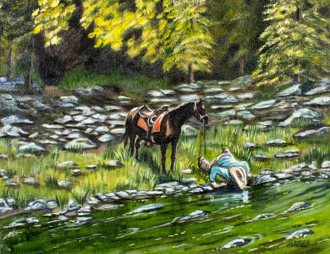 Shirley Beaman (US,20C) oil painting: ARTIST: Shirley Beaman (American, 20 century) TITLE: Cowboy Drinking From Stream MEDIUM: oil on canvas CONDITION: Very good. No visible inpaint under UV light. AR