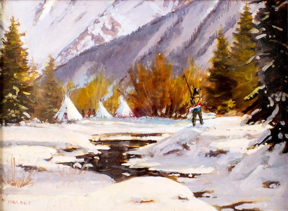 Mark Ogle (MT,b 1952) oil painting: ARTIST: Mark Ogle (Montana, born 1952) TITLE: Winter Landscape with Indian Teepees MEDIUM: oil on board CONDITION: Very good. No visible inpaint under UV light. Wear to fram
