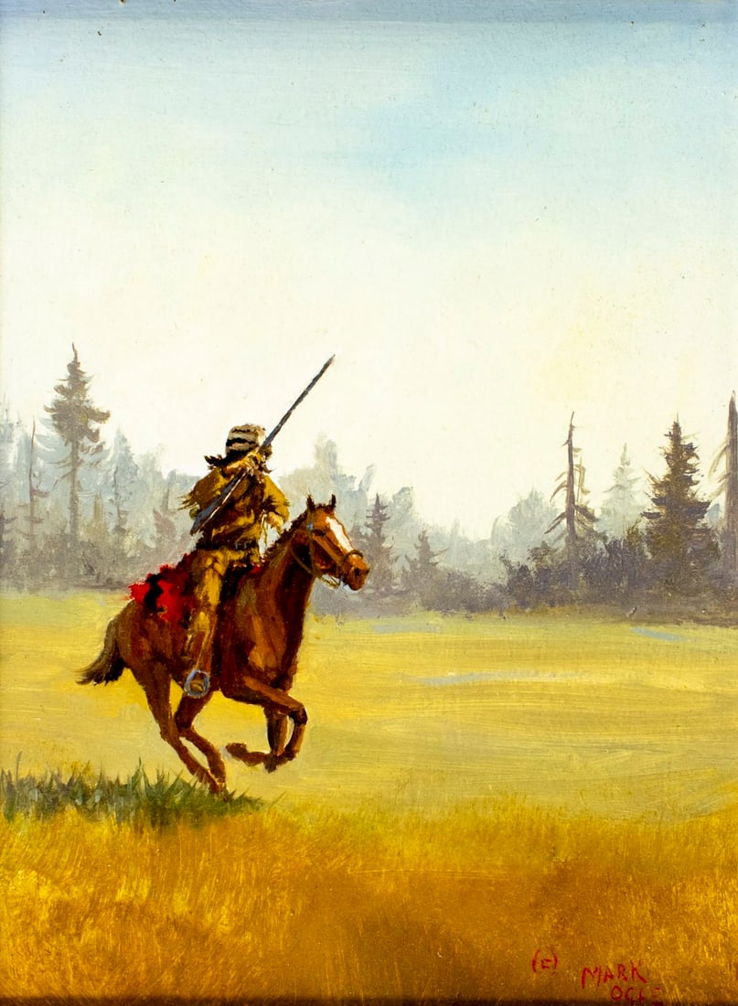 Mark Ogle (MT,b 1952) oil painting: ARTIST: Mark Ogle (Montana, born 1952) TITLE: Frontiersman on Horseback MEDIUM: oil on board CONDITION: Very good. No visible inpaint under UV light. Wear to frame.