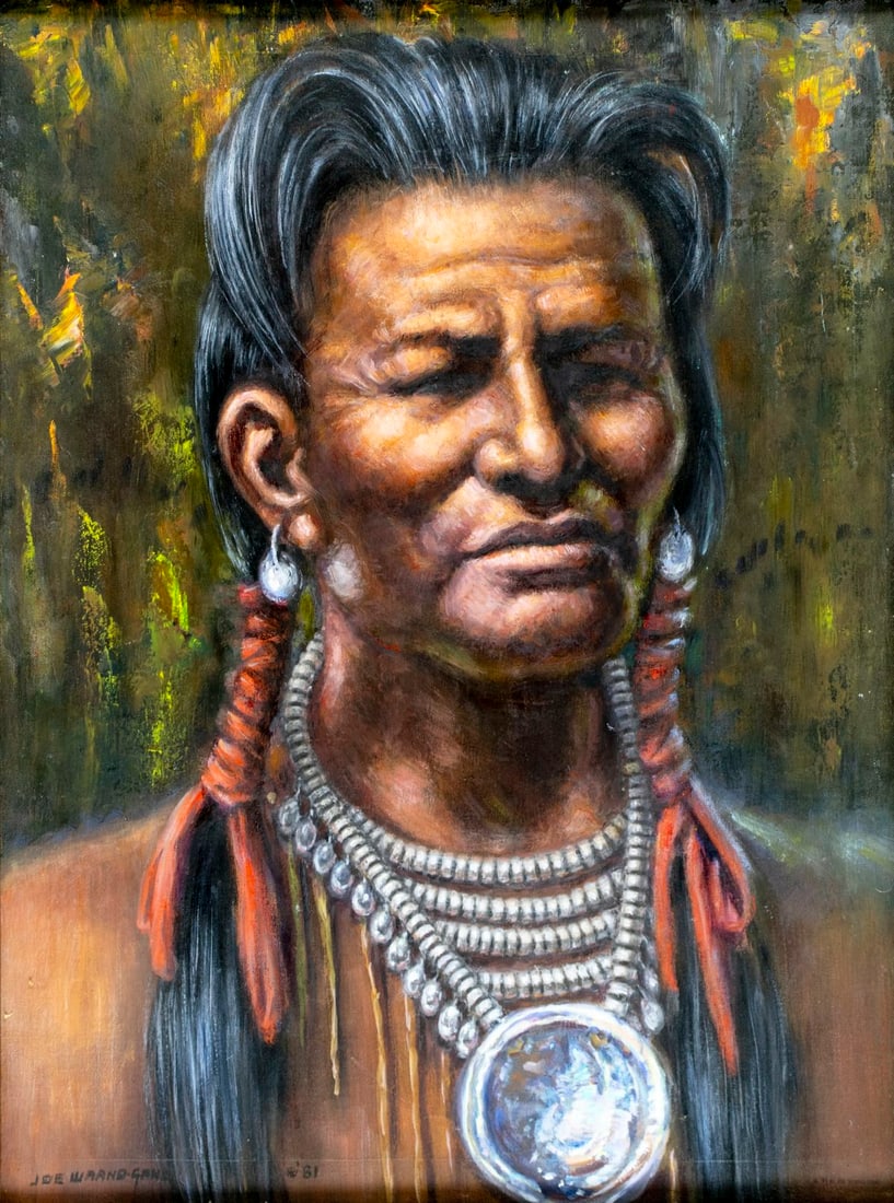 Joe Waano Gano (CA,1906-1982) oil painting: ARTIST: Joe Theodore Waano Gano (California, 1906 - 1982) TITLE: Portrait of Cheyenne Brave (titled on stretcher) YEAR: 1981 MEDIUM: oil on canvas CONDITION: