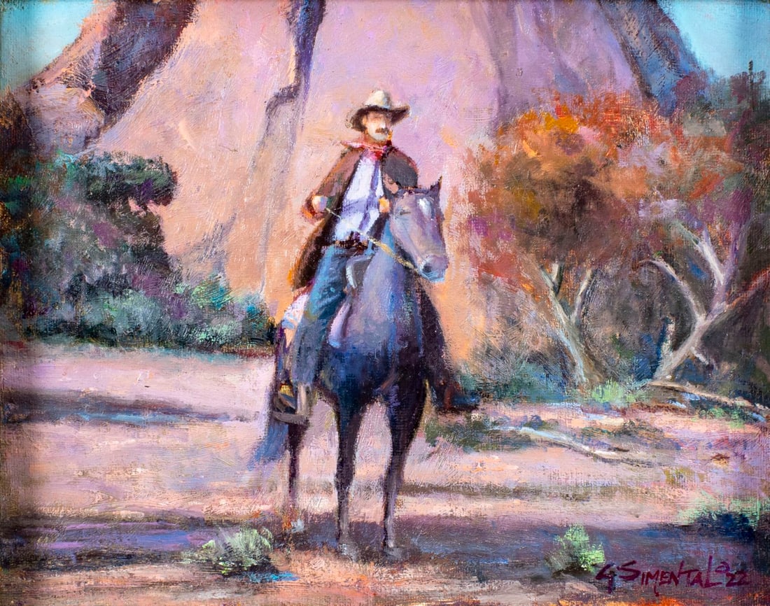 Gabe Simental (AZ,KS,20/21C) oil painting: ARTIST: Gabe Simental (Arizona, Kansas, 20/21 centuries) TITLE: Navigating Duro Canyon (titled on verso) YEAR: 2022 MEDIUM: oil on canvas CONDITION: Very