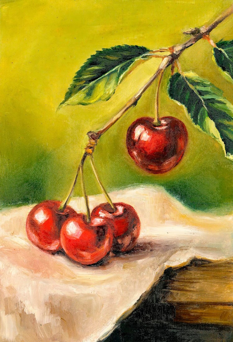 Victoria Holiyat (Ukraine,20/21C) oil painting: ARTIST: Victoria Holiyat (Ukrainian, 20/21 centuries) TITLE: Still Life with Cherries MEDIUM: oil on heavy paper CONDITION: Very good. No visible inpaint under UV light.