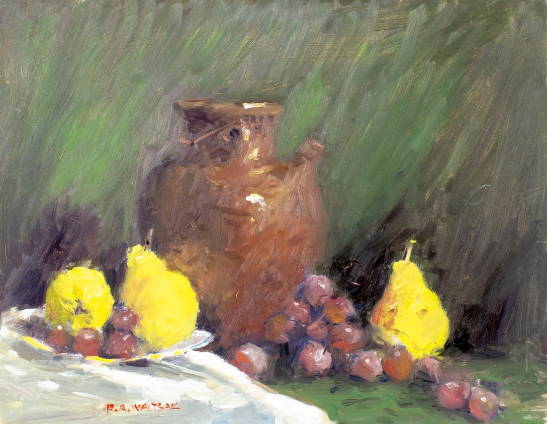 Robert Waltsak (NJ,b 1944) oil painting: ARTIST: Robert Alan Waltsak (New Jersey, born 1944) TITLE: Still Life with Jug, Pears and Grapes MEDIUM: oil on board CONDITION: Few small scratches/paint losses. No visible