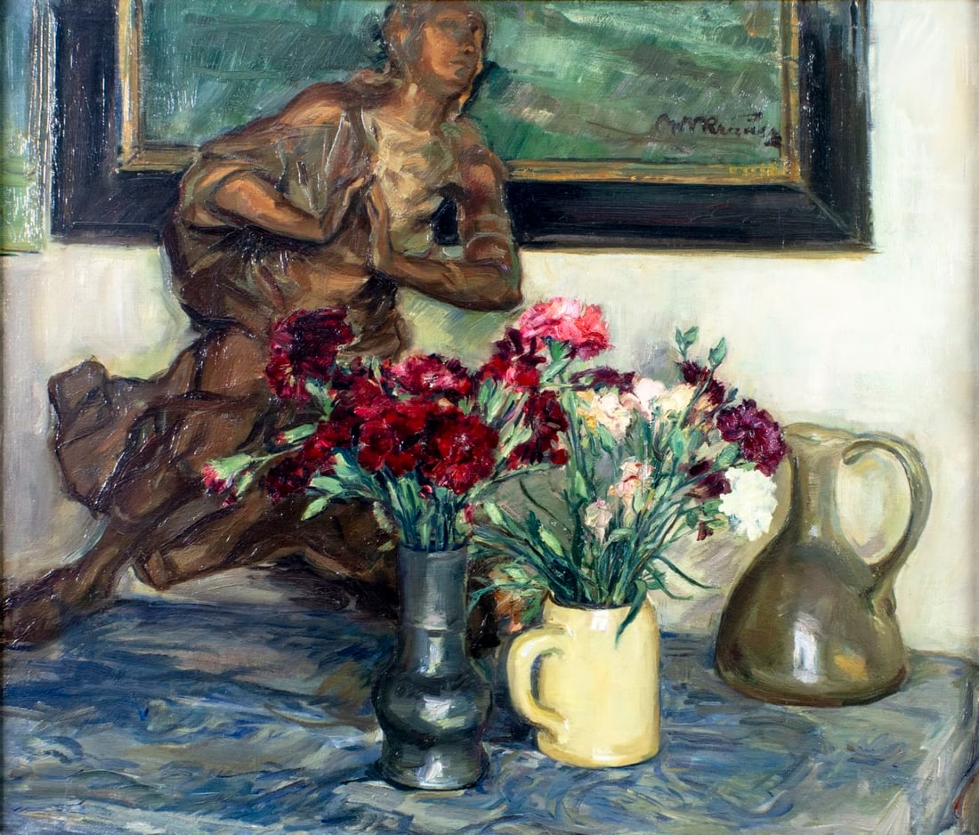 Wilhelm Viktor Krausz (Hungary,Austria,1878-1959) oil painting: ARTIST: Wilhelm Viktor Krausz (Hungarian, Austrian, 1878 - 1959) TITLE: Still Life with Carnations and Baroque Angel (titled on stretcher) MEDIUM: oil on canvas CONDITION: