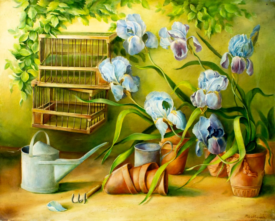 Fabrice De Villeneuve (France,b 1954) oil painting: ARTIST: Fabrice De Villeneuve (French, born 1954) TITLE: Still Life with Irises MEDIUM: oil on canvas CONDITION: Few small scratches/paint losses. Some craquelure. No visibl
