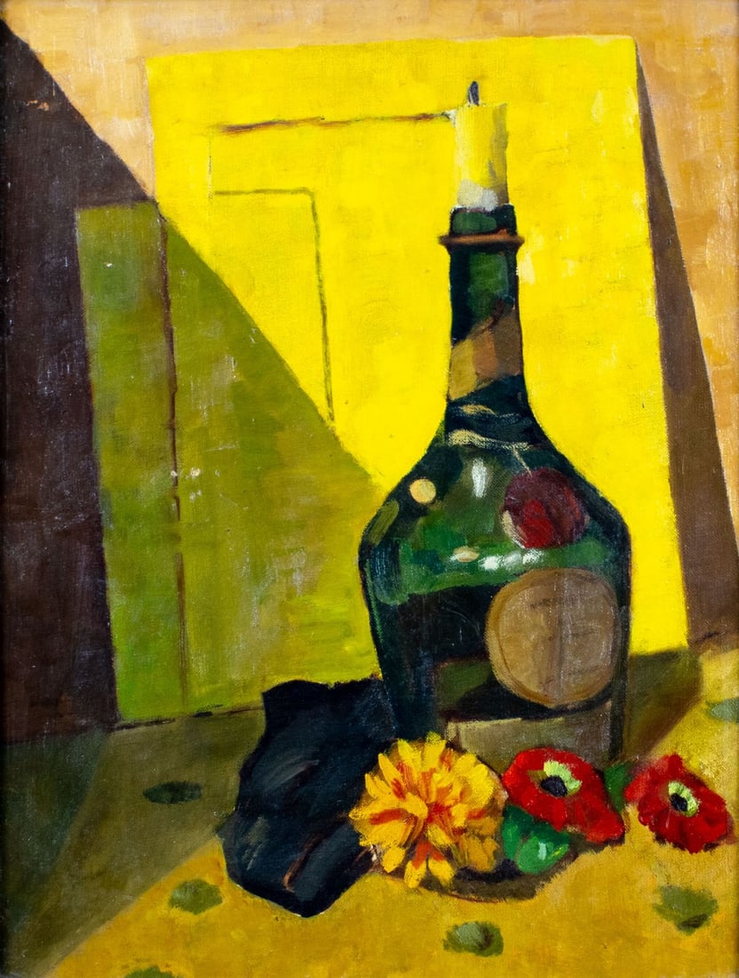 Madge Tillotson (CA,mid 20C) oil painting: ARTIST: Madge Tillotson (California, mid 20 century) TITLE: Still Life with Bottle and Flowers YEAR: 1954 MEDIUM: oil on canvas board CONDITION: Few smal