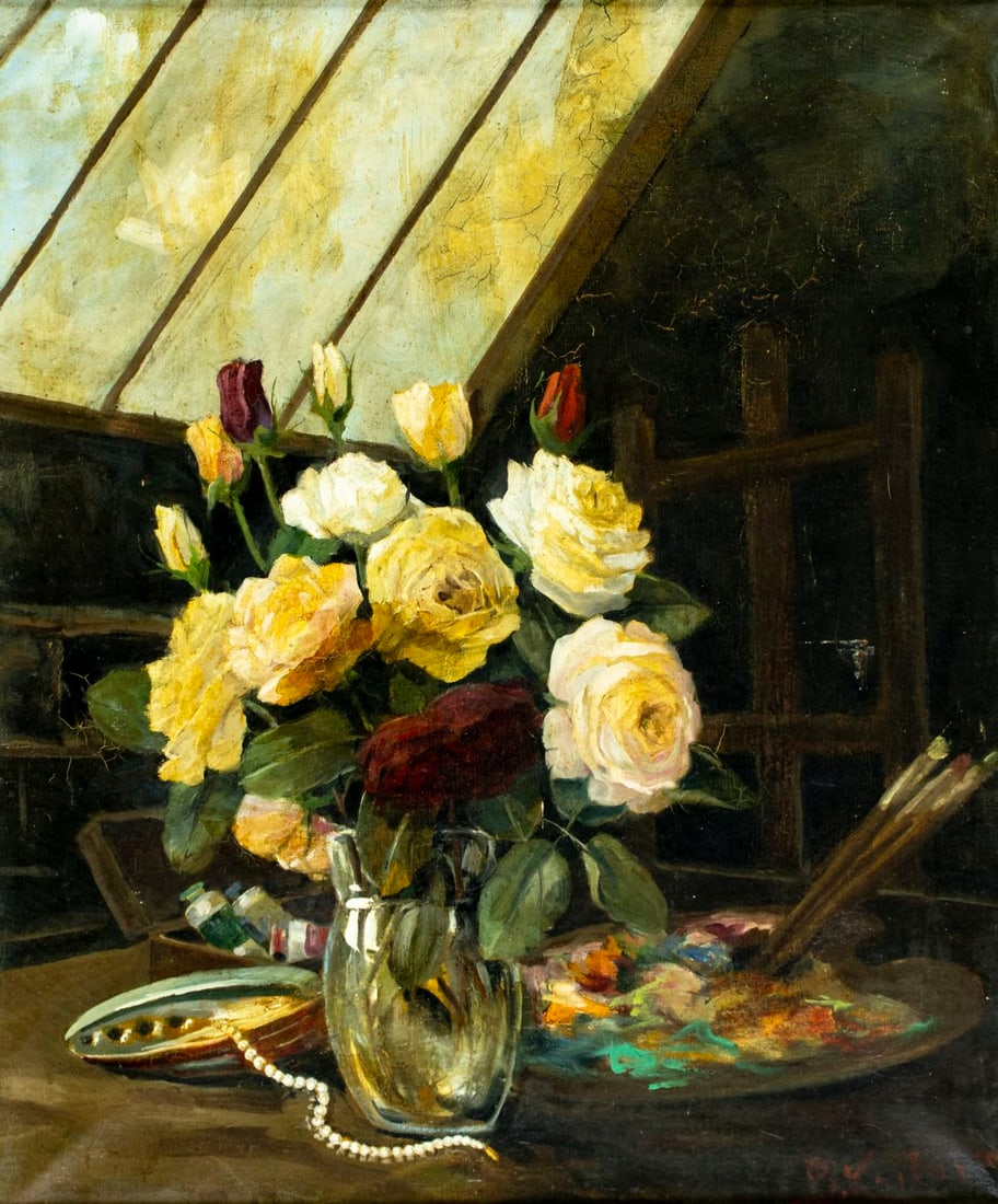 Boris Krilov (France,Russia,1891-1977) oil painting: ARTIST: Boris Krilov (French, Russian, 1891 - 1977) TITLE: Still Life with Vase of Roses MEDIUM: oil on canvas CONDITION: Some scratches/paint losses. Some craquelure. No vi