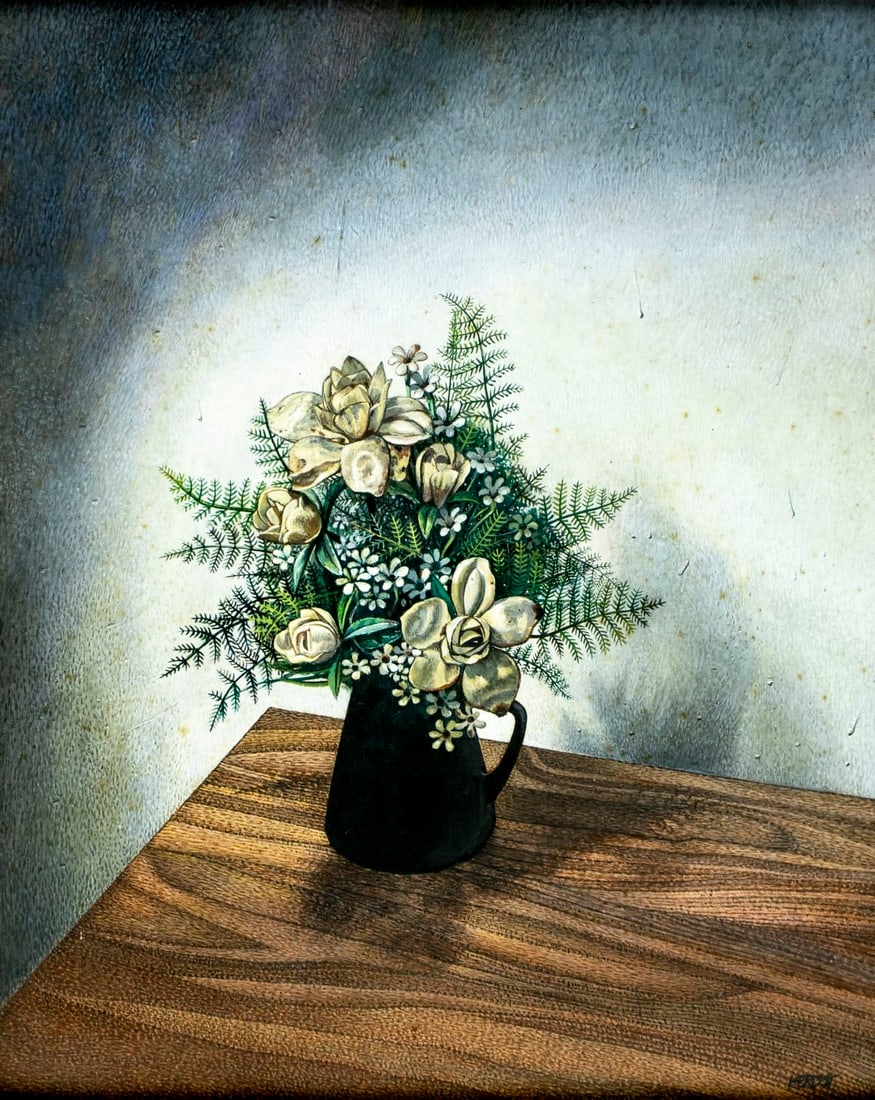 Herbst (US,mid 20C) oil painting: ARTIST: Herbst (American, mid 20 century) TITLE: Still Life with Vase of Flowers MEDIUM: oil on board CONDITION: Some staining. No visible inpaint under UV light. Wear to fr