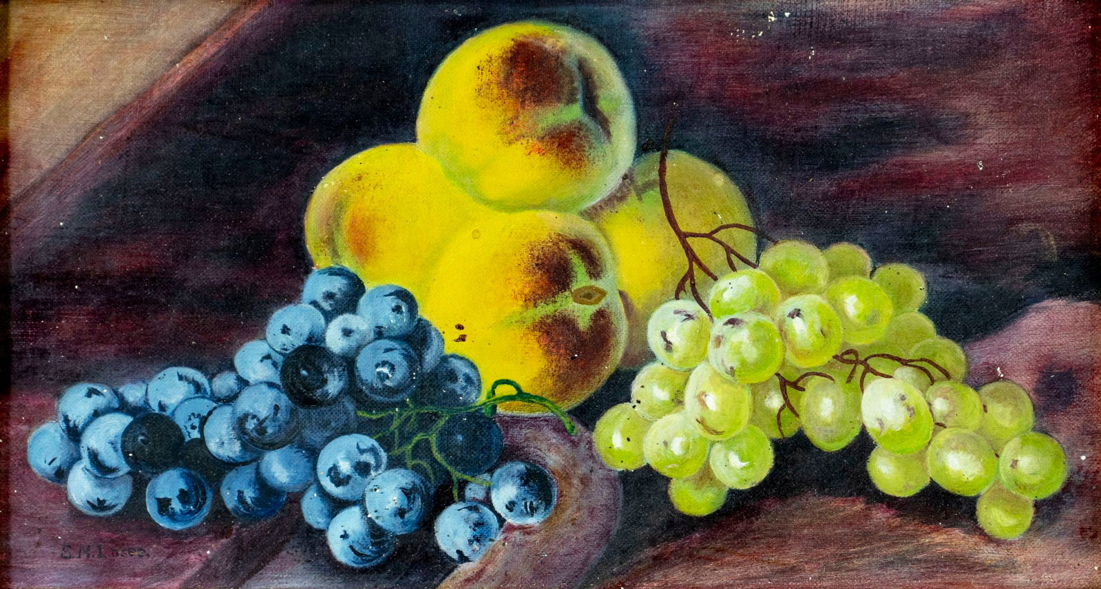 Sarah M Lasee (US,19/20C) oil painting antique: ARTIST: Sarah M Bartlett Lasee (American, 19/20 centuries) TITLE: Still Life with Grapes and Peaches MEDIUM: oil on canvas CONDITION: Few minor scratches/paint losses. No vi