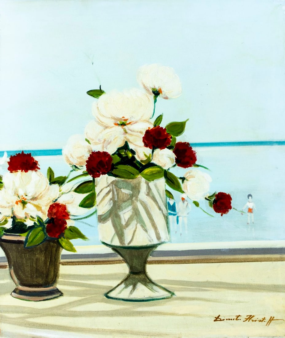 Dimiter Hristoff (Turkey,Bulgaria,1926-?) oil painting: ARTIST: Dimiter Hristoff (Turkish, Bulgarian, 1926 - ???) TITLE: Still Life with Vase of Flowers MEDIUM: oil on canvas CONDITION: One small patch-repaired puncture with co