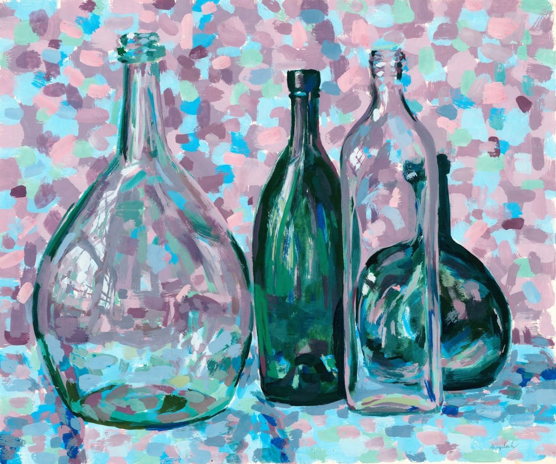 Robert Angeloch (NY,1922-2011) gouache painting: ARTIST: Robert Henry Angeloch (New York, 1922 - 2011) TITLE: Still Life with Bottles MEDIUM: gouache on paper CONDITION: Some pinholes by the corners. ART SIZE:</