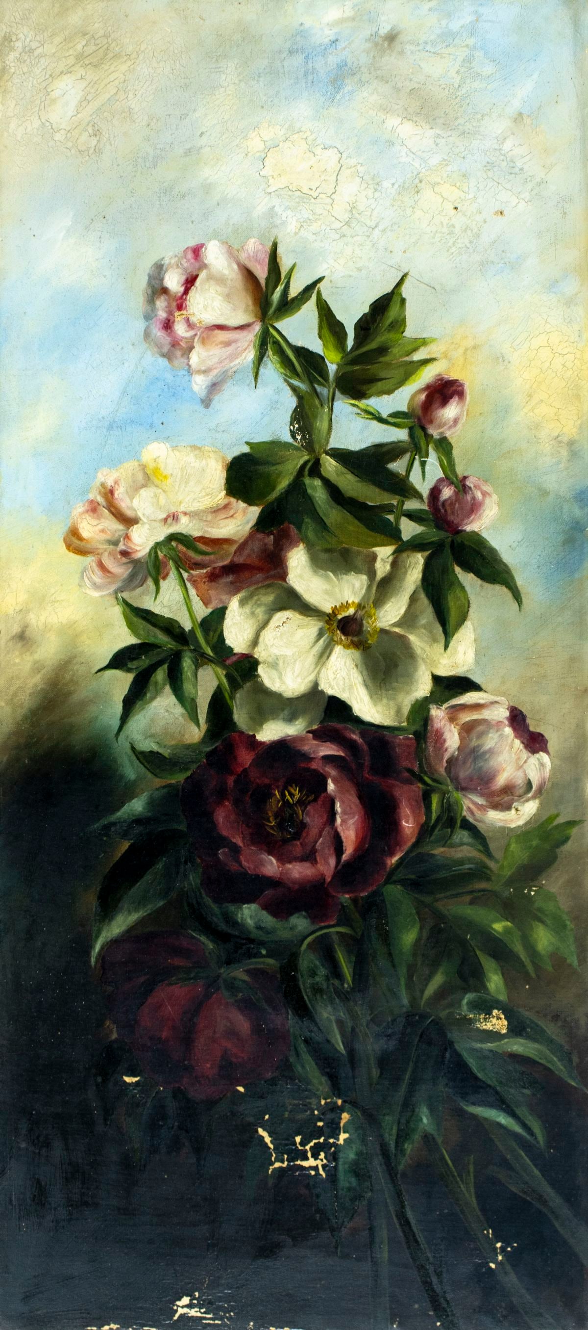 Antique 19C American oil painting: ARTIST: - (American, 19 century) TITLE: Still Life with Peonies MEDIUM: oil on canvas CONDITION: Few patches. Some scratches/paint losses. Some craquelure. No visible inpain