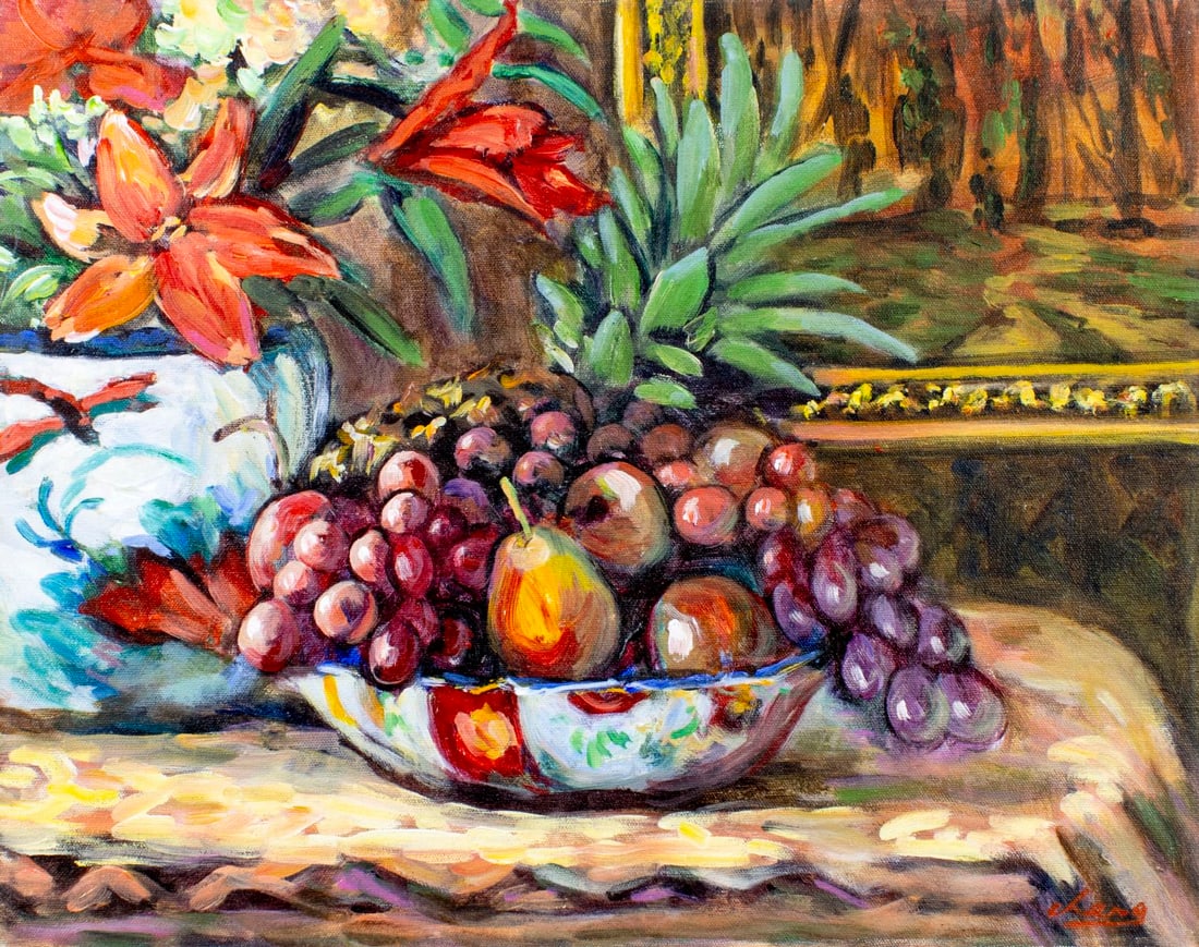 Cheng (20C) oil painting: ARTIST: Cheng (20 century) TITLE: Still Life with Flowers and Fruit Plate MEDIUM: oil on canvas CONDITION: Unstretched (In-House stretching available) (In-House stretching a