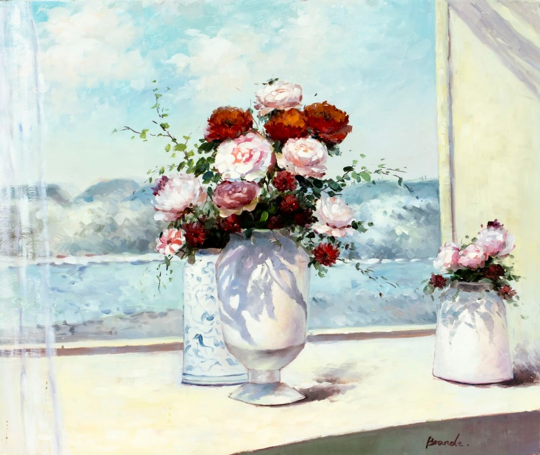 Brandt (Europe,20C) oil painting: ARTIST: Brandt (European, 20 century) TITLE: Still Life with Vases of Flowers MEDIUM: oil on canvas CONDITION: Overall good. No visible inpaint under UV light. Normal wear a