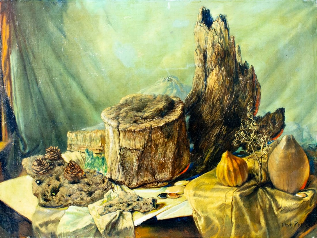 Mark Russell (OH,1880-1967) oil painting: ARTIST: Mark Russell (Ohio, 1880 - 1967) TITLE: Still Life - Moraine (titled on verso) MEDIUM: oil on canvas CONDITION: Some flaking/paint losses (see pictures carefully)