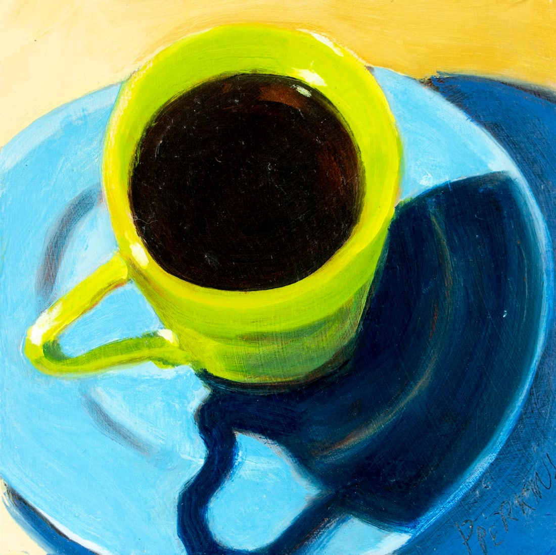 Polly E Perkins (NY,20/21C) oil painting: ARTIST: Polly E Perkins (New York, 20/21 centuries) TITLE: Still Life with Coffee Cup YEAR: 2010 MEDIUM: oil on board CONDITION: Few minor paint losses.