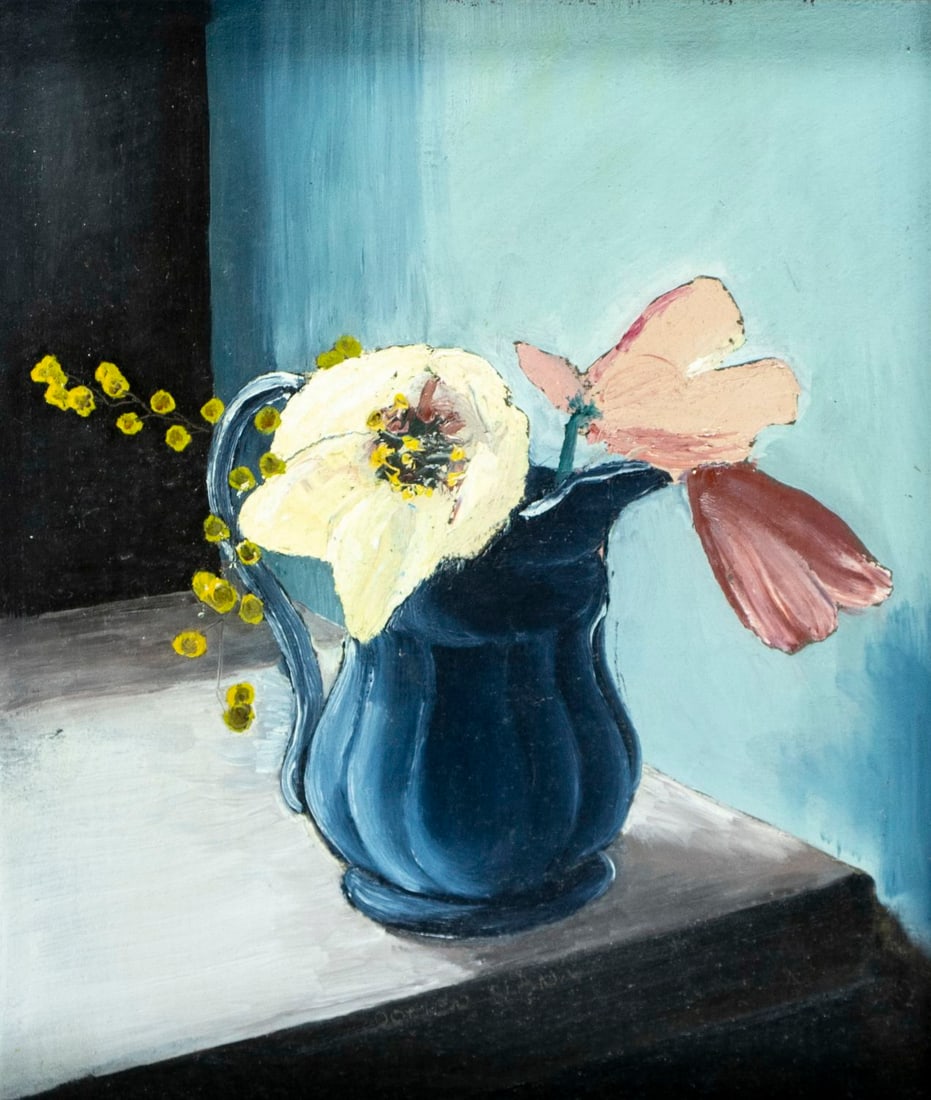 Domen Slana (Slovenia,1967-2022) oil painting: ARTIST: Domen Slana (Slovenian, 1967 - 2022) TITLE: Still Life with Jug of Flowers YEAR: 1990 MEDIUM: oil on board CONDITION: Minor paint losses along