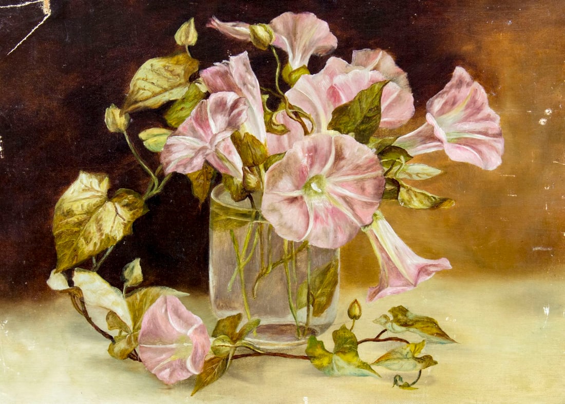 Antique 19C American oil painting: ARTIST: - (American, 19 century) TITLE: Still Life with Vase of Morning Glory MEDIUM: oil on canvas. Canvas applied to board. CONDITION: Some paint losses mostly along edg