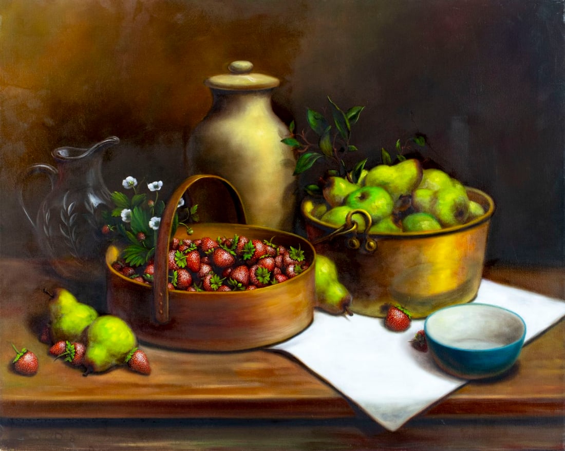 W Pater (US,20C) oil painting: ARTIST: W Pater (American, 20 century) TITLE: Still Life with Jug, Pears and Strawberries MEDIUM: oil on canvas CONDITION: Overall good. No visible inpaint under UV light. N