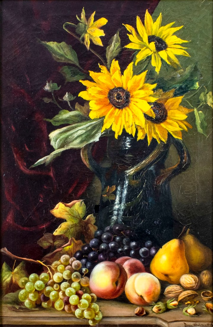 Dora Hulme (US,19/20C) oil painting antique: ARTIST: Dora Hulme (American, 19/20 centuries) TITLE: Still Life with Fruits and Vase of Sunflowers YEAR: 1912 MEDIUM: oil on canvas CONDITION: Three rep