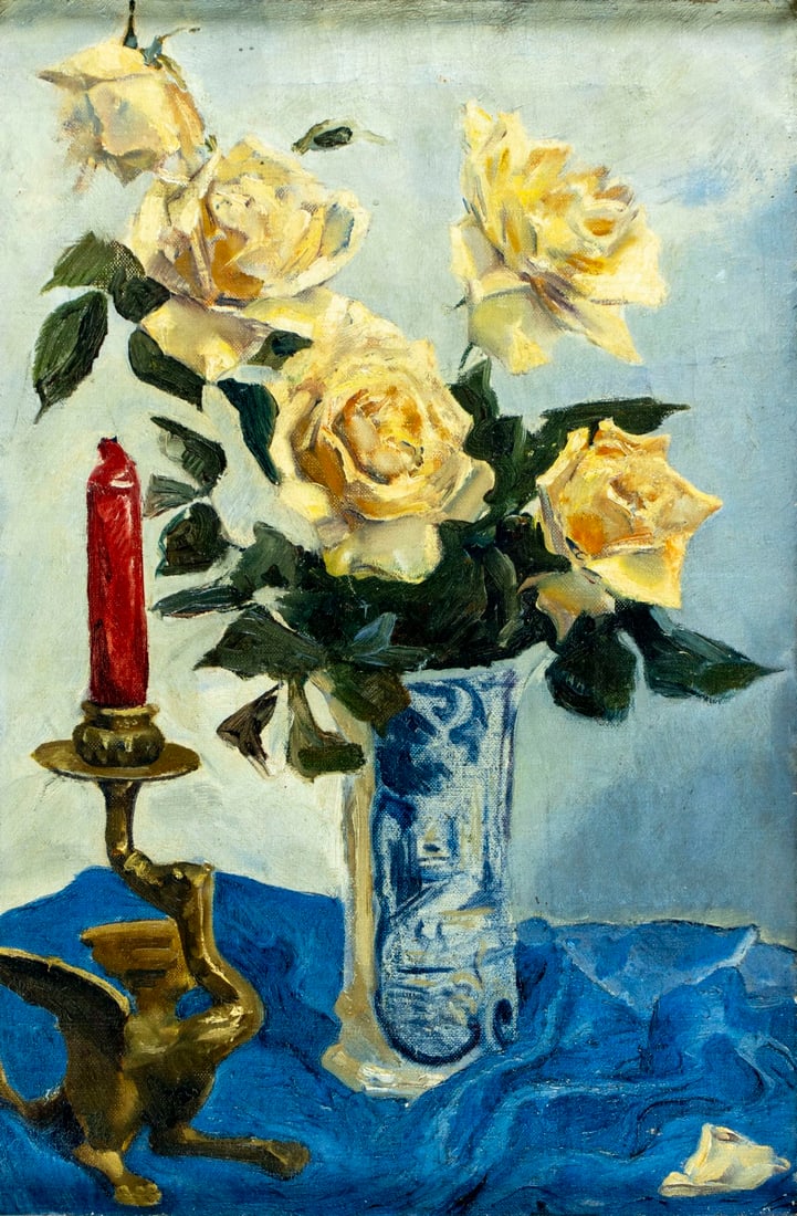 Eber (German,mid 20C) oil painting: ARTIST: Eber (Germany, mid 20 century) TITLE: Still Life with Vase of Roses and Candle MEDIUM: oil on canvas CONDITION: Some small scratches/paint losses. Minor craquelure.
