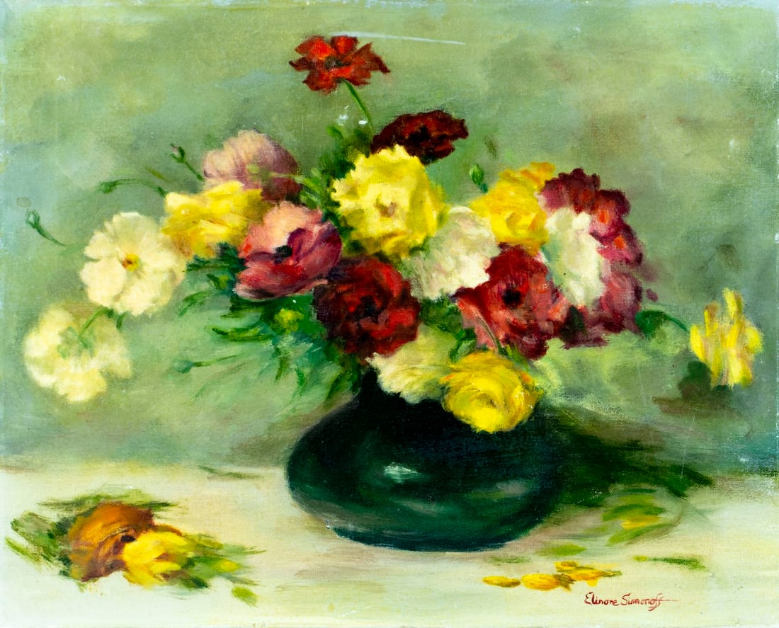 Elinore Simonoff (US,20C) oil painting: ARTIST: Elinore Simonoff (American, 20 century) TITLE: Still Life with Vase of Flowers MEDIUM: oil on canvas CONDITION: Some scratches/paint losses. Some craquelure. No visi